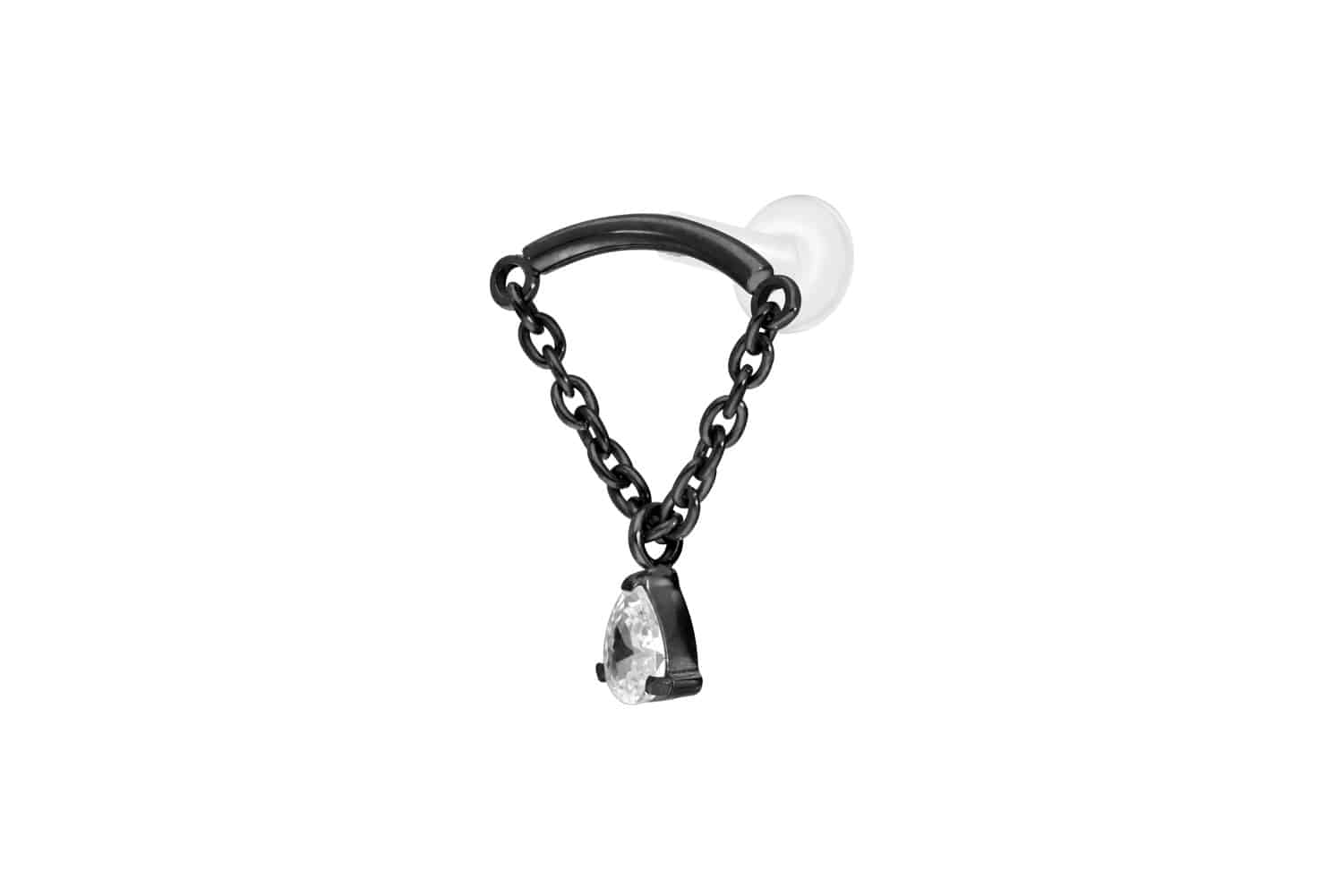 PTFE Labret Piercing mit Innengewinde + Titan-Aufsatz BOGEN + KETTE + KRISTALLTROPFEN